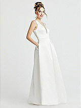 Side View Thumbnail - Off White Pearl-Trimmed Deep V-Neck Satin Wedding Dress with Pockets
