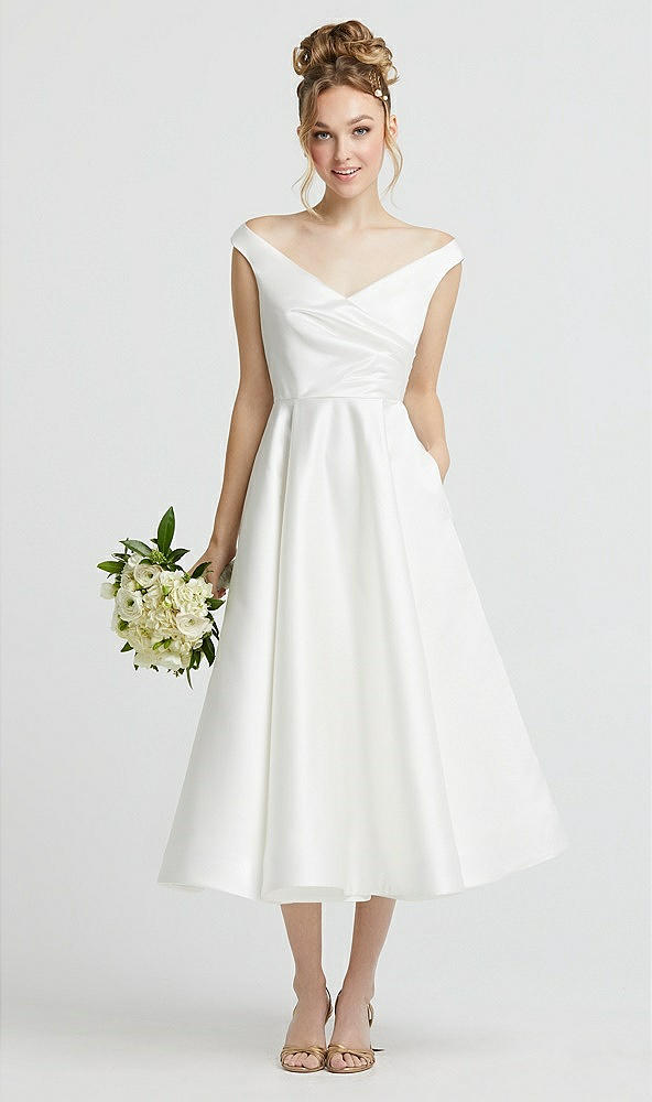 Front View - Off White Draped Off-the-Shoulder Satin Wedding Dress with Pockets