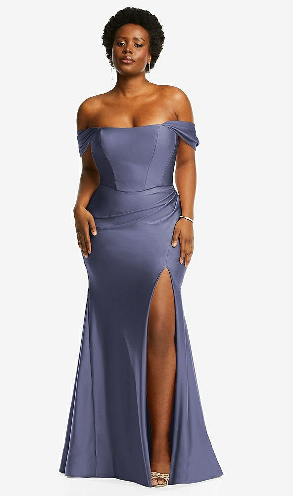 Front View - French Blue Off-the-Shoulder Corset Stretch Satin Mermaid Dress with Slight Train