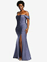 Side View Thumbnail - French Blue Off-the-Shoulder Corset Stretch Satin Mermaid Dress with Slight Train