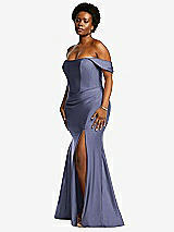 Rear View Thumbnail - French Blue Off-the-Shoulder Corset Stretch Satin Mermaid Dress with Slight Train