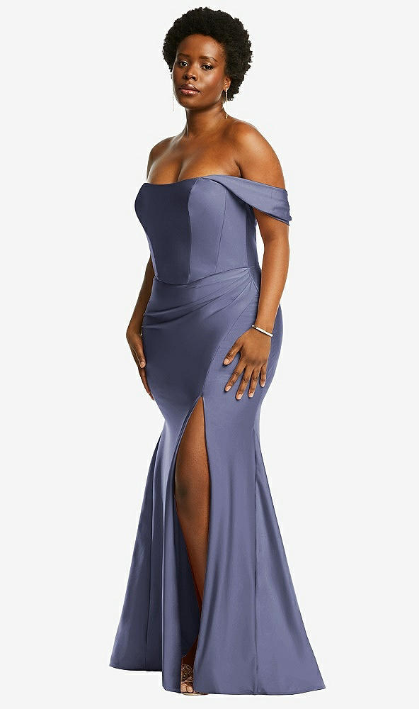 Back View - French Blue Off-the-Shoulder Corset Stretch Satin Mermaid Dress with Slight Train