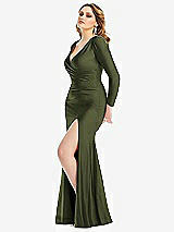 Side View Thumbnail - Olive Green Long Sleeve Draped Wrap Stretch Satin Mermaid Dress with Slight Train