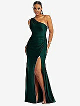 Front View Thumbnail - Evergreen One-Shoulder Asymmetrical Cowl Back Stretch Satin Mermaid Dress
