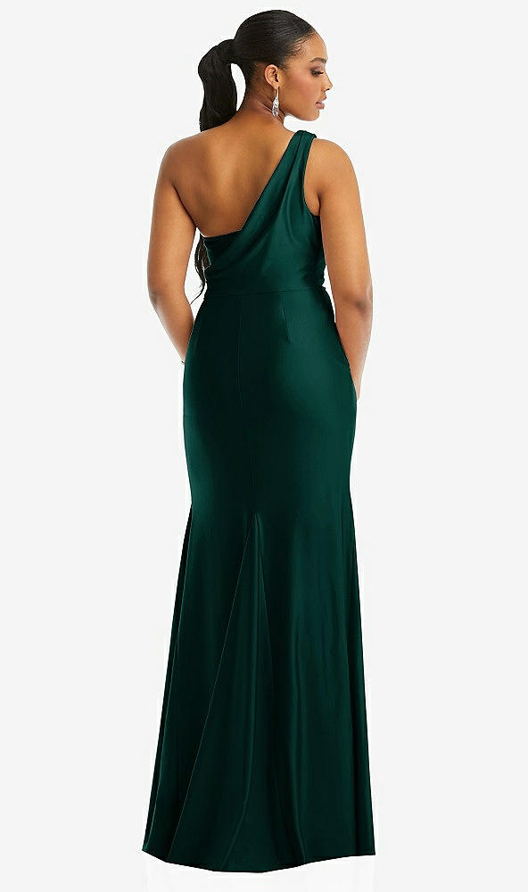 Back View - Evergreen One-Shoulder Asymmetrical Cowl Back Stretch Satin Mermaid Dress