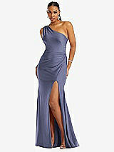 Front View Thumbnail - French Blue One-Shoulder Asymmetrical Cowl Back Stretch Satin Mermaid Dress