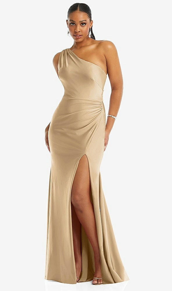 Front View - Soft Gold One-Shoulder Asymmetrical Cowl Back Stretch Satin Mermaid Dress