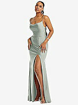Alt View 1 Thumbnail - Willow Green Cowl-Neck Open Tie-Back Stretch Satin Mermaid Dress with Slight Train