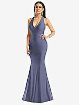 Front View Thumbnail - French Blue Plunge Neckline Cutout Low Back Stretch Satin Mermaid Dress