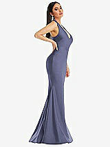 Side View Thumbnail - French Blue Plunge Neckline Cutout Low Back Stretch Satin Mermaid Dress