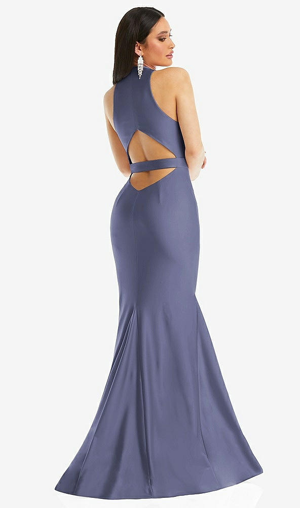 Back View - French Blue Plunge Neckline Cutout Low Back Stretch Satin Mermaid Dress