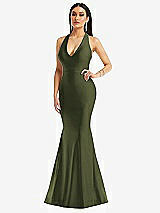 Front View Thumbnail - Olive Green Plunge Neckline Cutout Low Back Stretch Satin Mermaid Dress