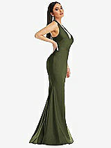 Side View Thumbnail - Olive Green Plunge Neckline Cutout Low Back Stretch Satin Mermaid Dress