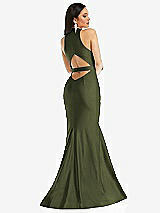 Rear View Thumbnail - Olive Green Plunge Neckline Cutout Low Back Stretch Satin Mermaid Dress