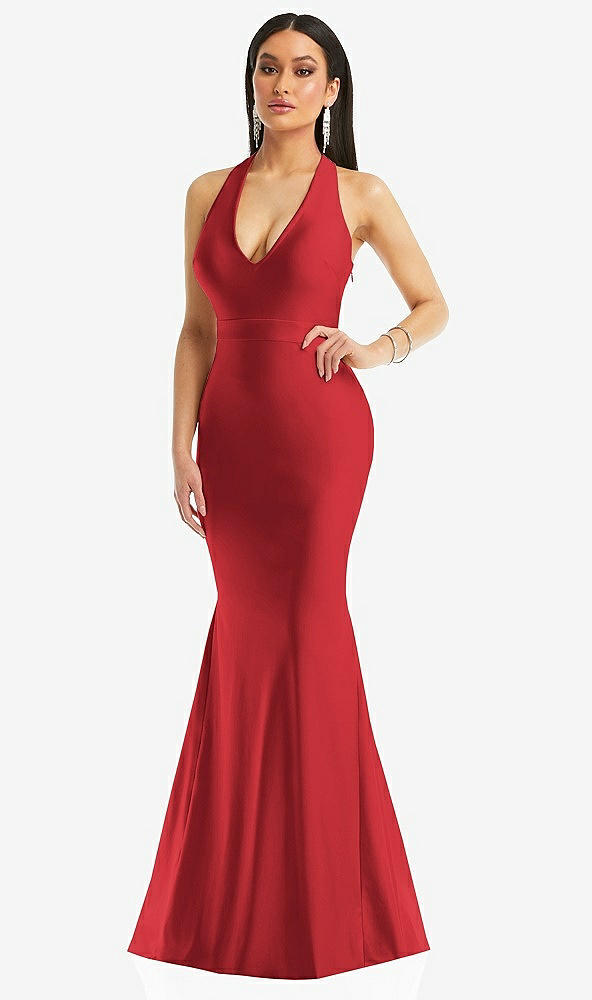 Front View - Poppy Red Plunge Neckline Cutout Low Back Stretch Satin Mermaid Dress