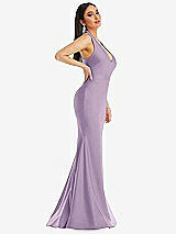Side View Thumbnail - Pale Purple Plunge Neckline Cutout Low Back Stretch Satin Mermaid Dress