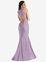 Rear View Thumbnail - Pale Purple Plunge Neckline Cutout Low Back Stretch Satin Mermaid Dress