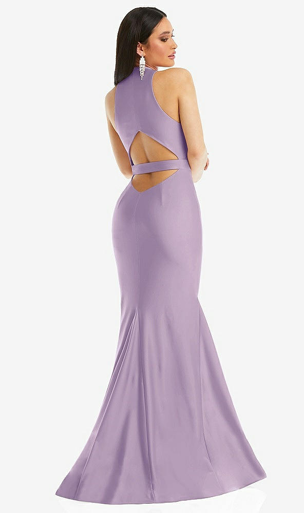 Back View - Pale Purple Plunge Neckline Cutout Low Back Stretch Satin Mermaid Dress