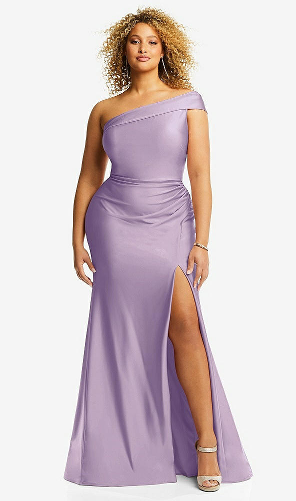 Front View - Pale Purple One-Shoulder Bias-Cuff Stretch Satin Mermaid Dress with Slight Train