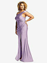 Side View Thumbnail - Pale Purple One-Shoulder Bias-Cuff Stretch Satin Mermaid Dress with Slight Train
