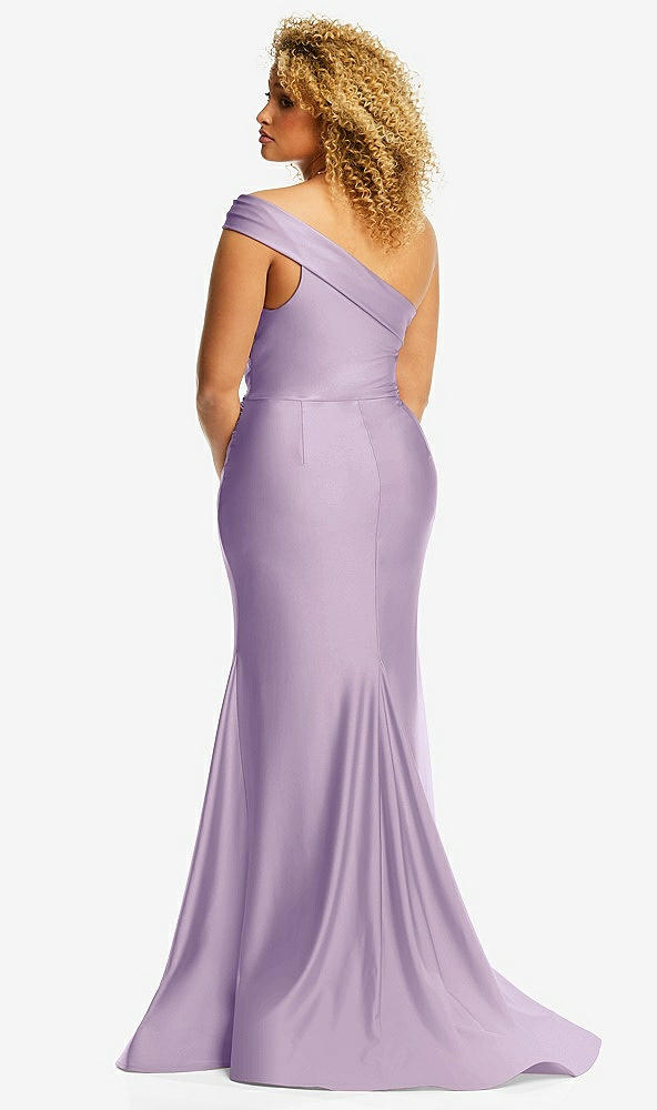 Back View - Pale Purple One-Shoulder Bias-Cuff Stretch Satin Mermaid Dress with Slight Train