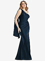 Front View Thumbnail - Midnight Navy Scarf Neck One-Shoulder Stretch Satin Mermaid Dress with Slight Train