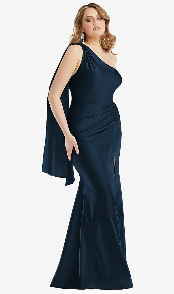 Front View - Midnight Navy Scarf Neck One-Shoulder Stretch Satin Mermaid Dress with Slight Train