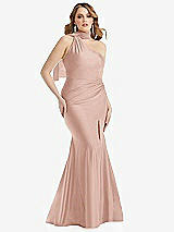 Alt View 1 Thumbnail - Toasted Sugar Scarf Neck One-Shoulder Stretch Satin Mermaid Dress with Slight Train