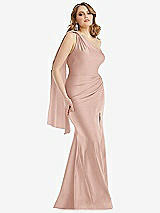Front View Thumbnail - Toasted Sugar Scarf Neck One-Shoulder Stretch Satin Mermaid Dress with Slight Train