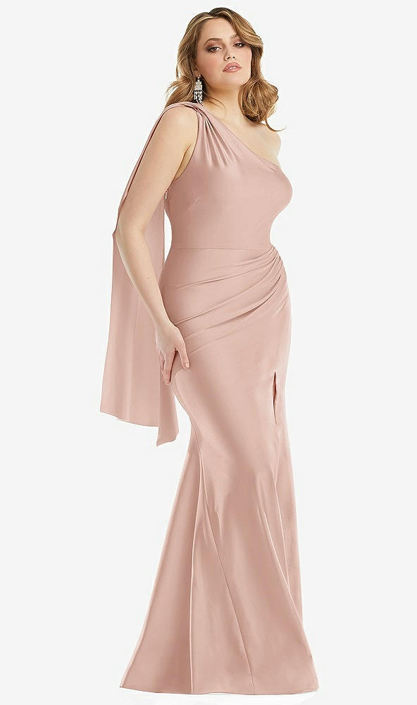 Front View - Toasted Sugar Scarf Neck One-Shoulder Stretch Satin Mermaid Dress with Slight Train