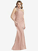 Side View Thumbnail - Toasted Sugar Scarf Neck One-Shoulder Stretch Satin Mermaid Dress with Slight Train