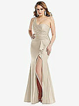 Front View Thumbnail - Champagne One-Shoulder Bustier Stretch Satin Mermaid Dress with Cascade Ruffle
