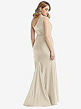 Rear View Thumbnail - Champagne One-Shoulder Bustier Stretch Satin Mermaid Dress with Cascade Ruffle
