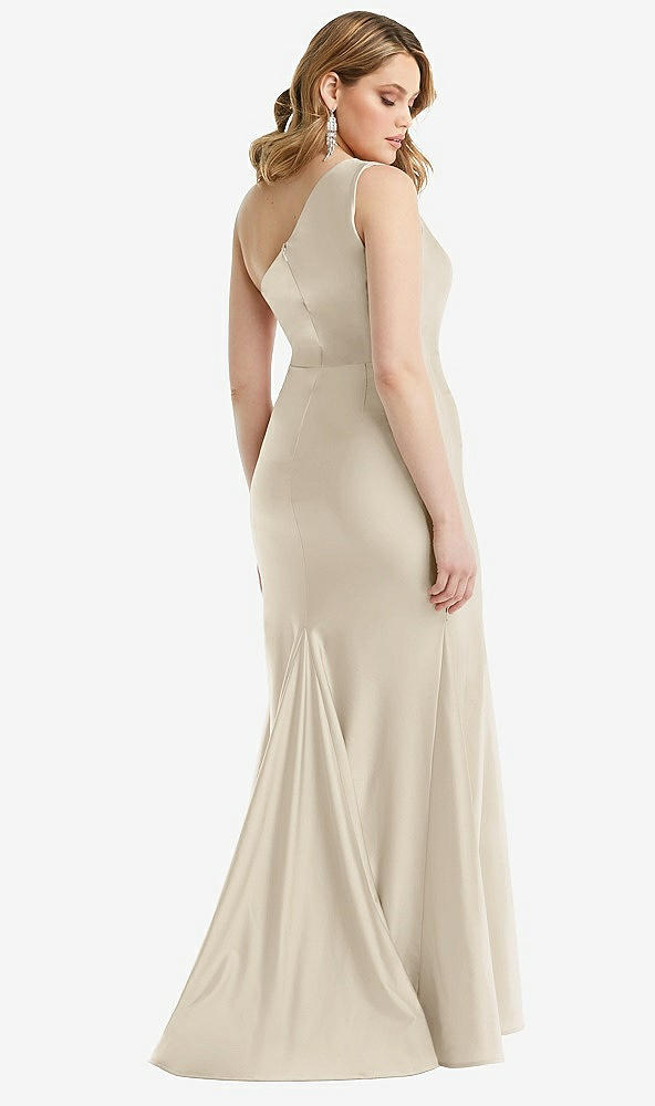 Back View - Champagne One-Shoulder Bustier Stretch Satin Mermaid Dress with Cascade Ruffle