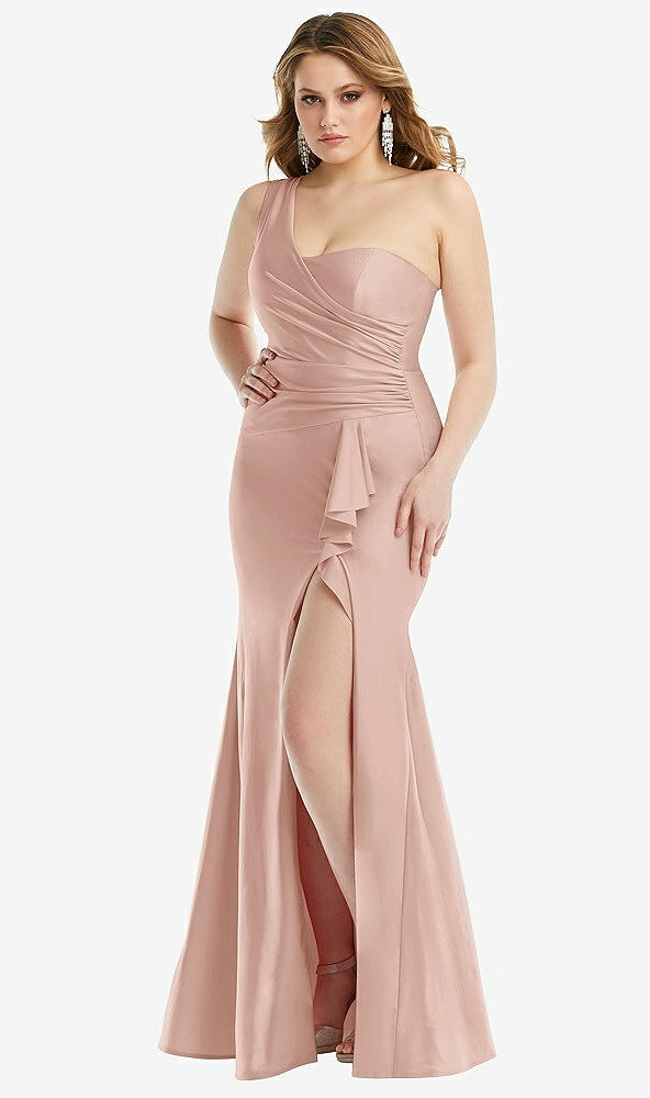 Front View - Toasted Sugar One-Shoulder Bustier Stretch Satin Mermaid Dress with Cascade Ruffle