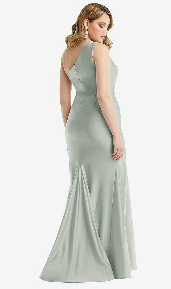 Back View - Willow Green One-Shoulder Bustier Stretch Satin Mermaid Dress with Cascade Ruffle