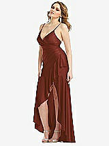 Side View Thumbnail - Auburn Moon Pleated Wrap Ruffled High Low Stretch Satin Gown with Slight Train