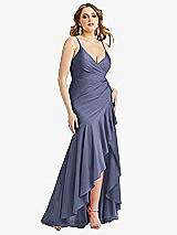 Front View Thumbnail - French Blue Pleated Wrap Ruffled High Low Stretch Satin Gown with Slight Train