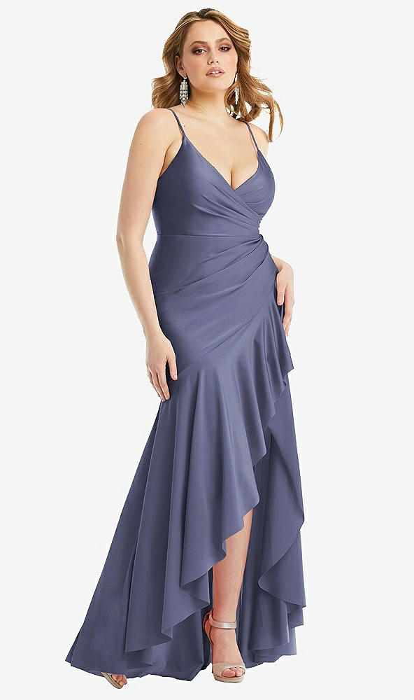Front View - French Blue Pleated Wrap Ruffled High Low Stretch Satin Gown with Slight Train