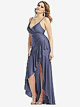 Side View Thumbnail - French Blue Pleated Wrap Ruffled High Low Stretch Satin Gown with Slight Train