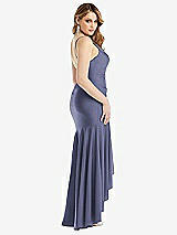 Rear View Thumbnail - French Blue Pleated Wrap Ruffled High Low Stretch Satin Gown with Slight Train