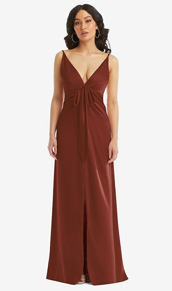 Front View - Auburn Moon Skinny Strap Plunge Neckline Maxi Dress with Bow Detail