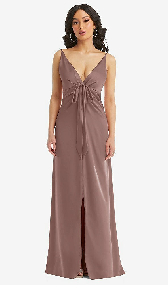 Front View - Sienna Skinny Strap Plunge Neckline Maxi Dress with Bow Detail