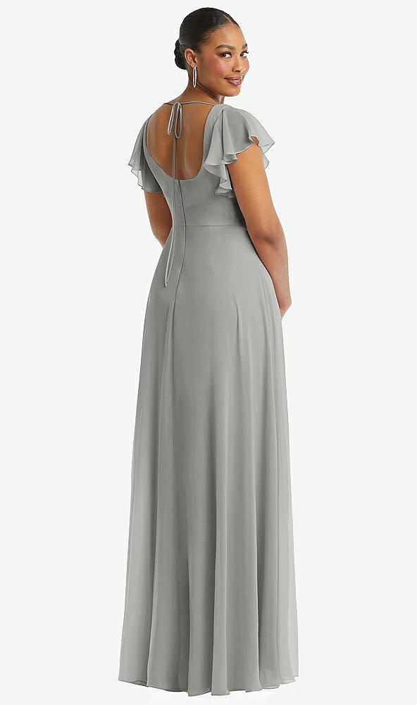 Back View - Chelsea Gray Flutter Sleeve Scoop Open-Back Chiffon Maxi Dress