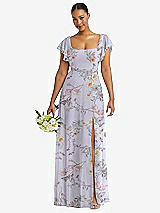 Front View Thumbnail - Butterfly Botanica Silver Dove Flutter Sleeve Scoop Open-Back Chiffon Maxi Dress