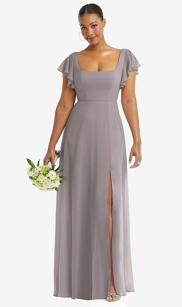 Front View - Cashmere Gray Flutter Sleeve Scoop Open-Back Chiffon Maxi Dress