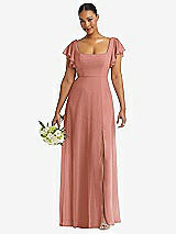 Front View Thumbnail - Desert Rose Flutter Sleeve Scoop Open-Back Chiffon Maxi Dress
