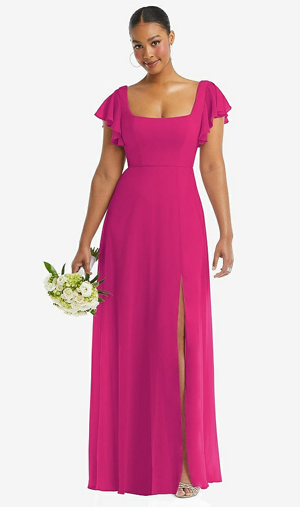 Front View - Think Pink Flutter Sleeve Scoop Open-Back Chiffon Maxi Dress