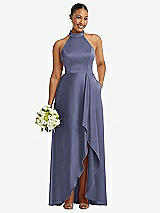 Alt View 1 Thumbnail - French Blue High-Neck Tie-Back Halter Cascading High Low Maxi Dress