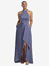 Front View Thumbnail - French Blue High-Neck Tie-Back Halter Cascading High Low Maxi Dress